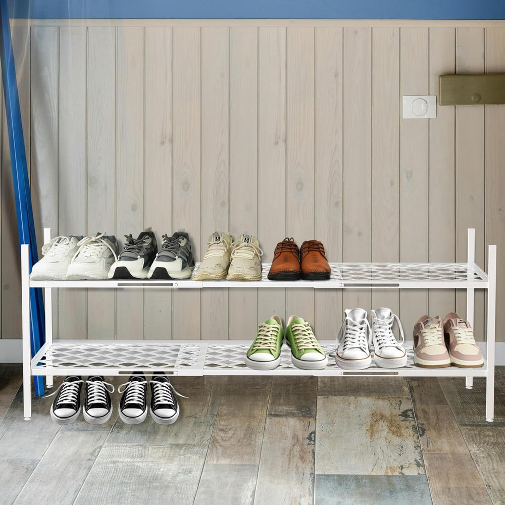 Long Expandable Metal Shoe Rack for Closet, Entryway, Garage, 2-Tier, White