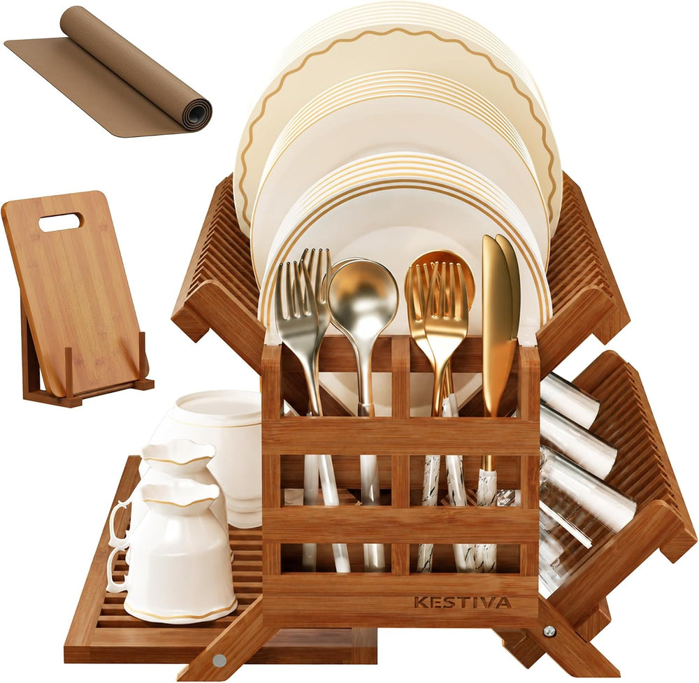Teak Dish Drying Rack with Utensil Holder 3 Tier Dish Drainer