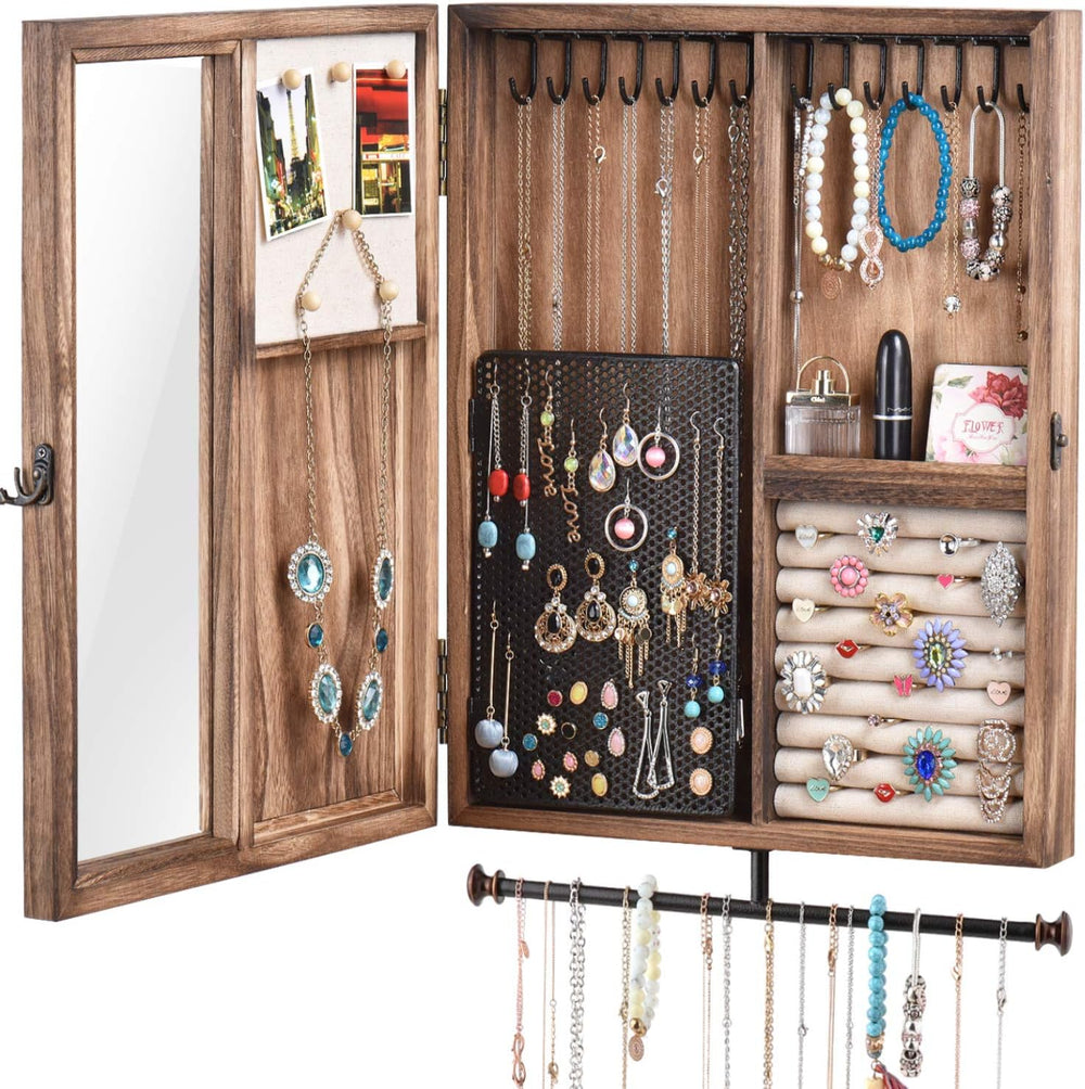 Wall Mounted Jewelry Organizer Box Rustic Wood Large Space Jewelry Cabinet Ho...