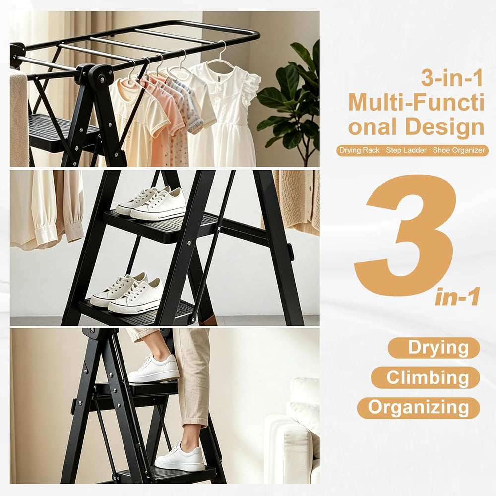 3 in 1 Clothes Drying Rack with 4 Step Folding Ladder, Collapsible Laundry Dr...