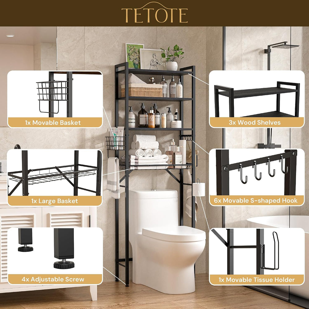 TETOTE Over-The-Toilet Storage Rack, 4-Tier Bathroom Organizer Shelf Over Toi...