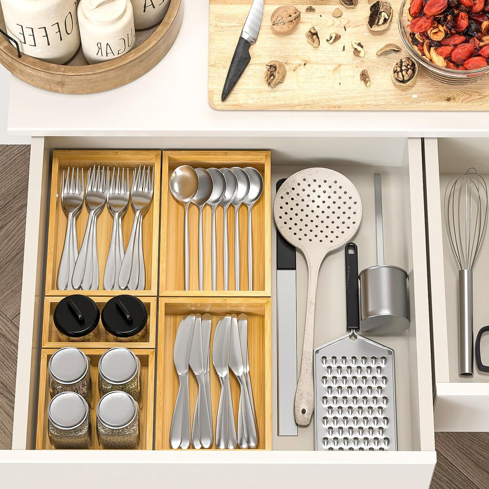 Bamboo Drawer Organizer, Set of 9 Wood Kitchen Junk Tea Desk Office Tray, Woo...