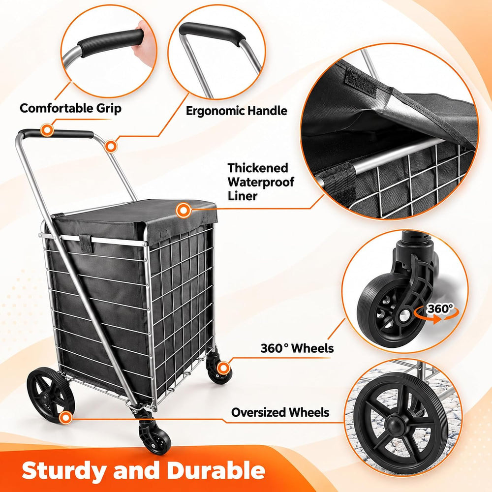 Wellmax Grocery Cart & Folding Shopping Cart with Wheels, 66 lb Max, Medium