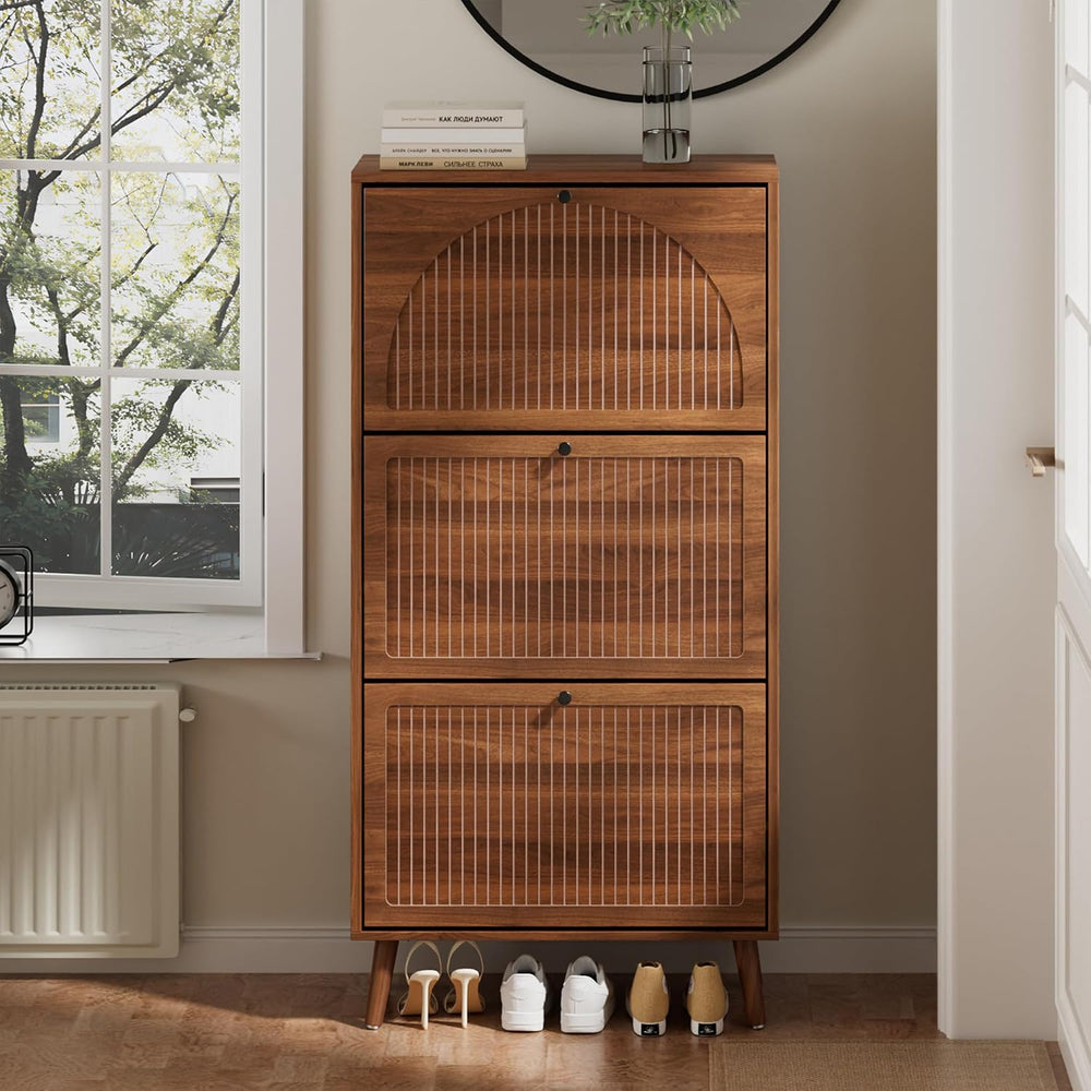 Fsbecl Shoe Storage Cabinet for Entryway with 3 Fluted Flip Drawers, Walnut