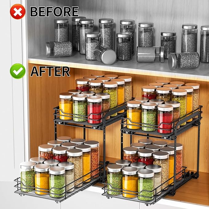 RCHYFEED Spice Rack, 2 Tier Pull out Cabinet Spice Organizer, Height Adjustable