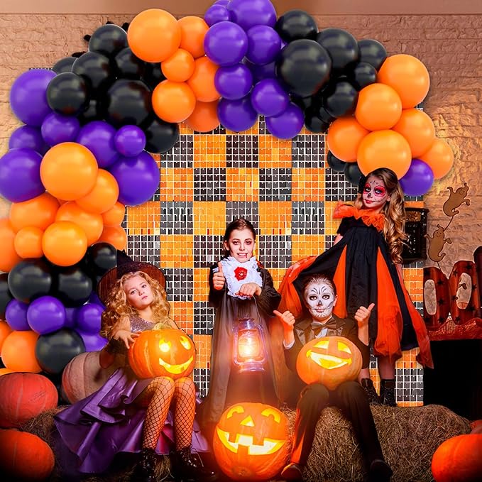 24PCS Black Orange Shimmer Wall Backdrop, Halloween Square Sequin Photo Backd...