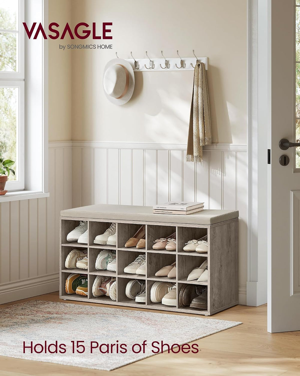 VASAGLE Shoe Bench with Cushion, 15 Compartments, 11.8 x 41.3 x 18.9 Inches