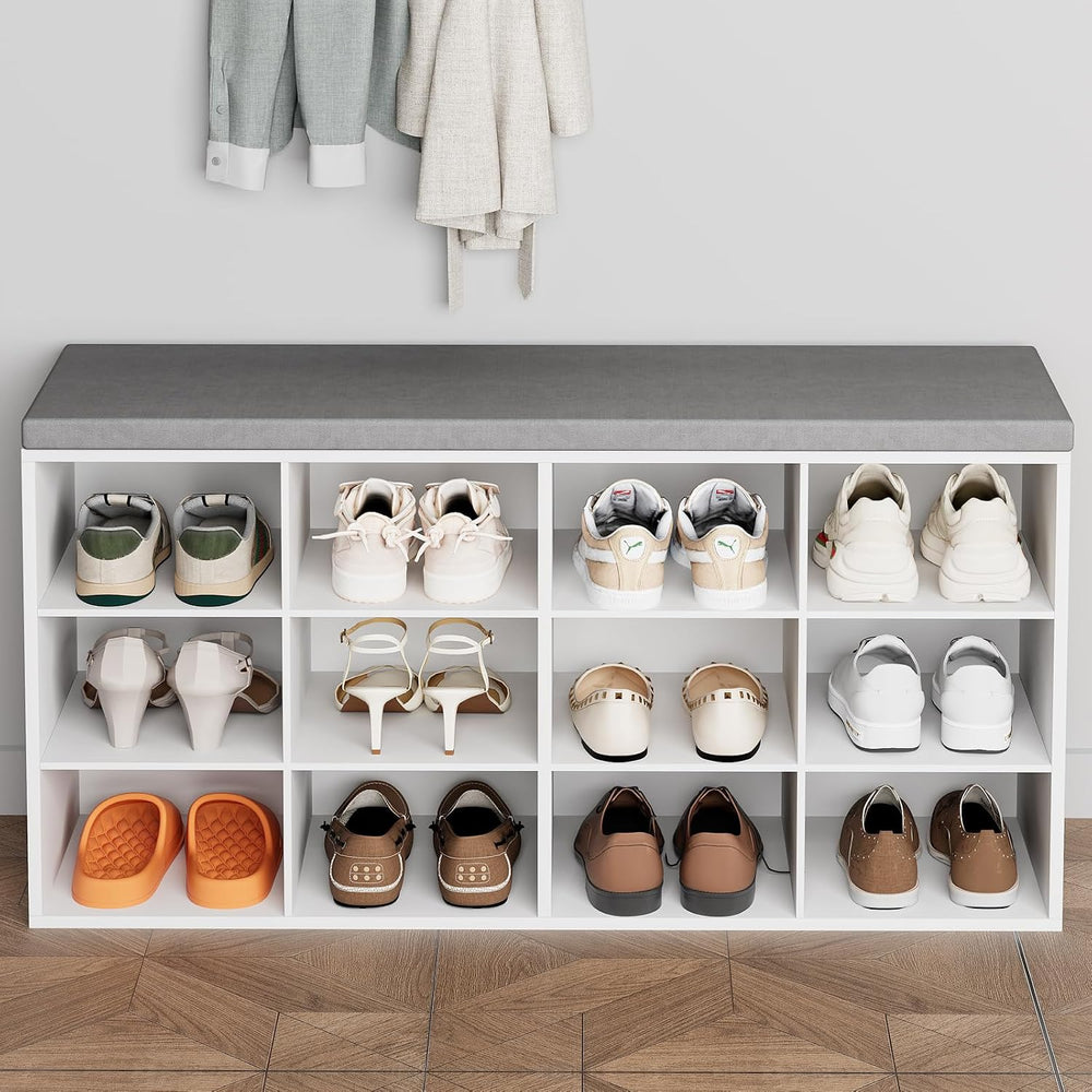 Aenuert 12-Cubby Shoe Rack with Cushion, 3-Tier Wood Shoe Organizer, Multifun...
