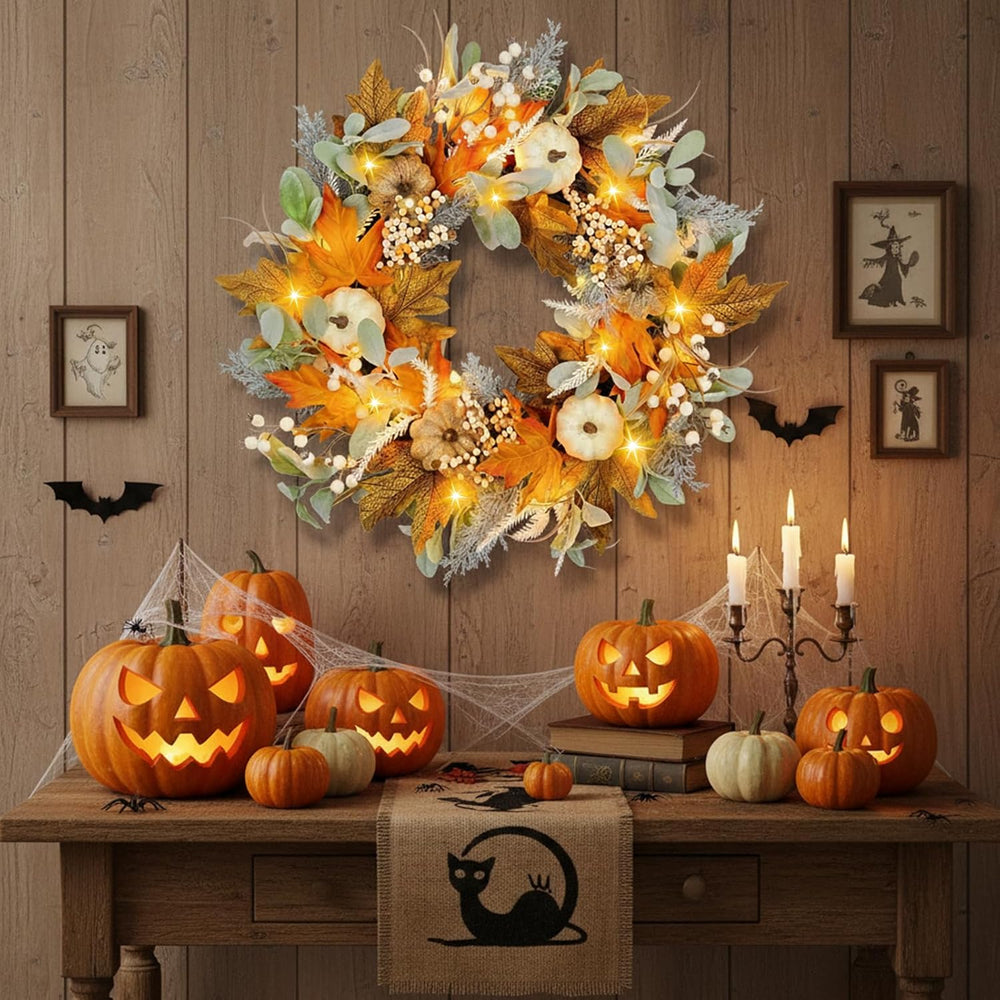 24IN Fall Wreath Prelit for Front Door, Halloween, Thanksgiving Decor