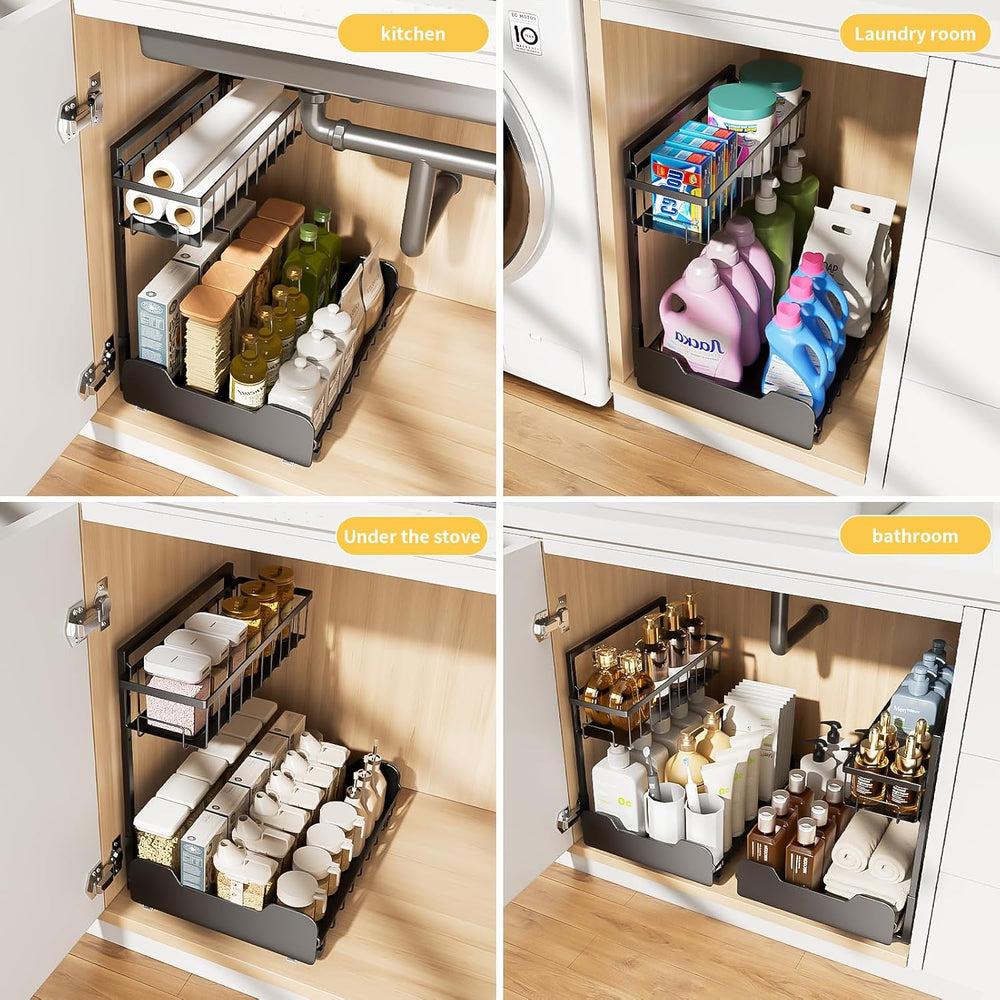 Under Sink Organizer, 2-Tier L-Shaped Pull Out Cabinet Shelf with 2 Installat...