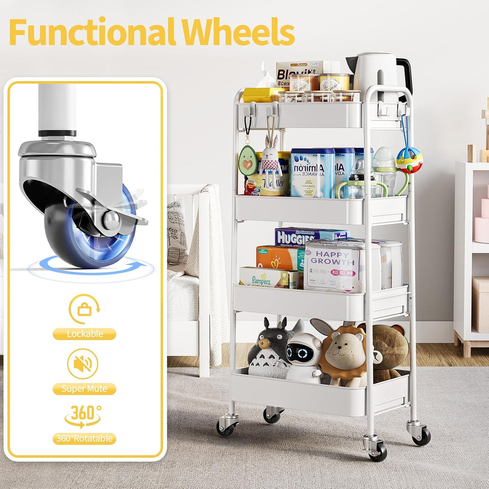 TOOLF 4 Tier Metal Rolling Cart, Utility Storage Cart with Wheels, White