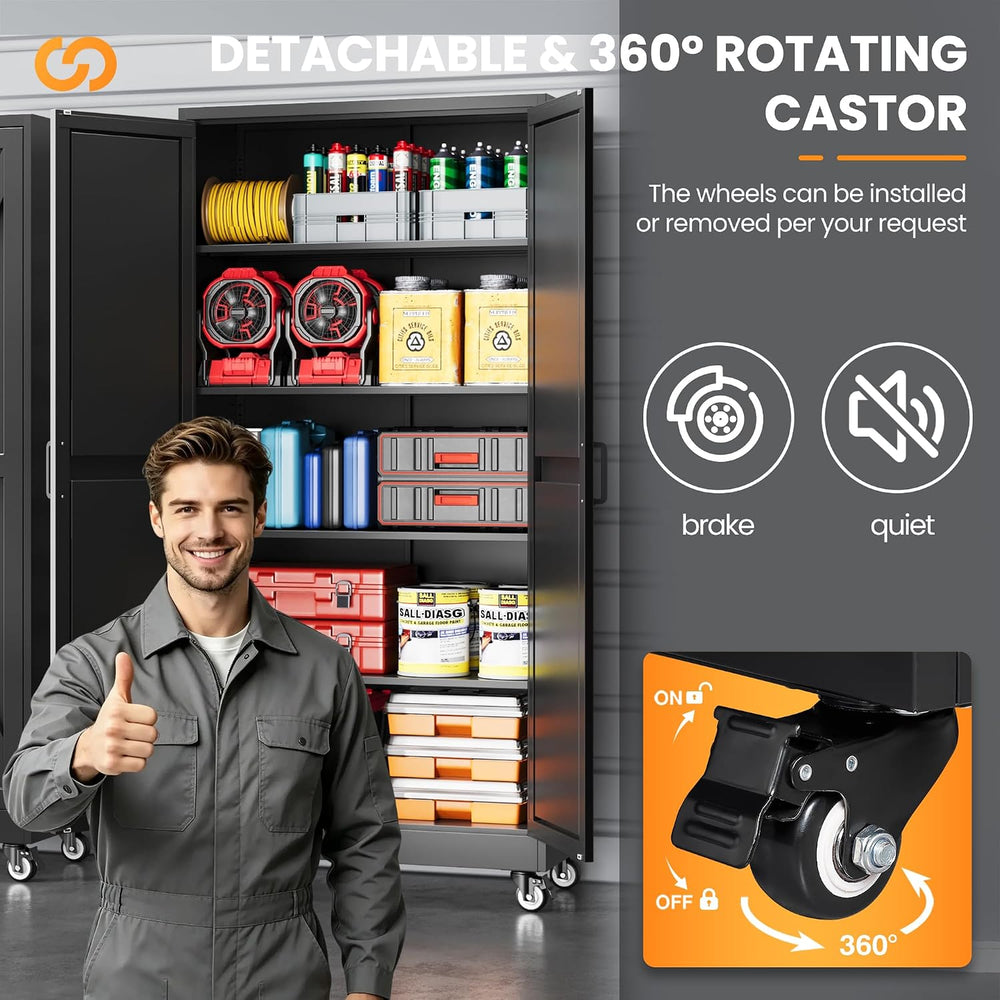 72" Tall Rolling Metal Garage Cabinets, Wheeled Black Storage Cabinet