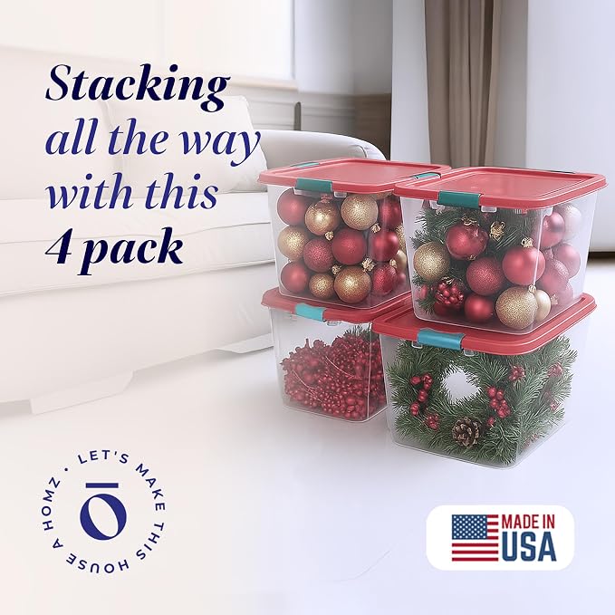 HOMZ 4-Pack Holiday Tote, Plastic Storage Organizer Bins