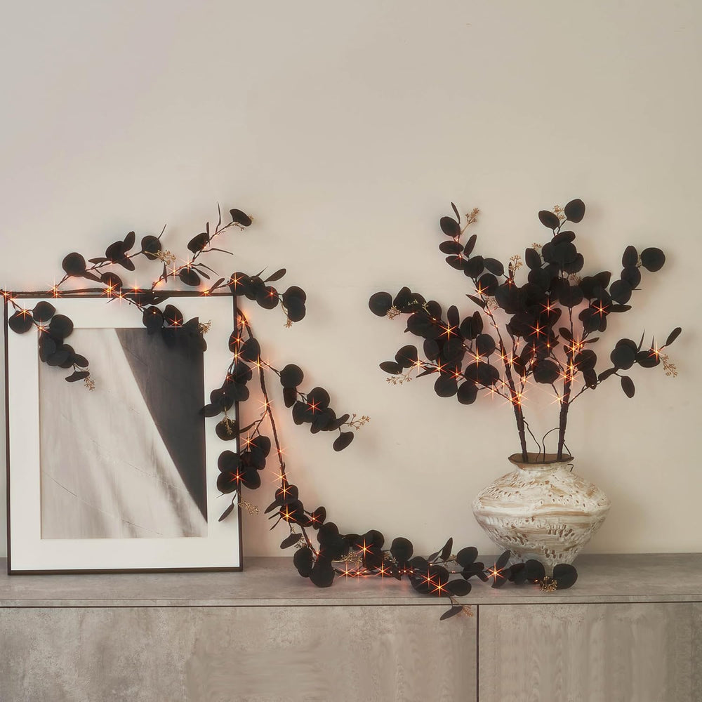 BAOLITVINE Lighted Halloween Black Eucalyptus Garland