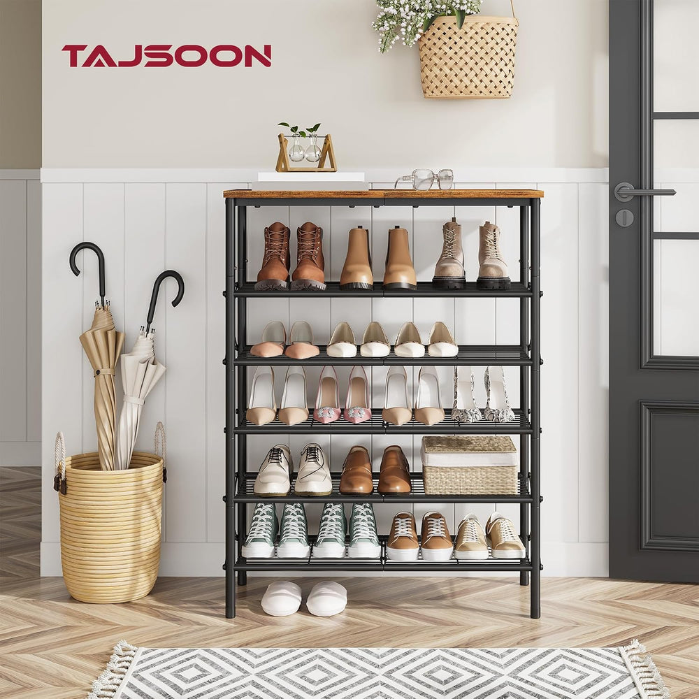 Tajsoon 6 Tier Shoe Rack for 20-24 Pairs of Shoes, Rustic Brown & Black