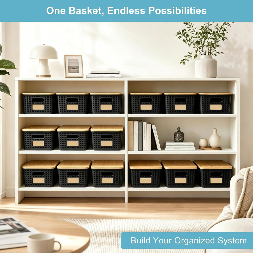 Small Plastic Storage Bins with Bamboo Lids 5.2qt Stackable Box Basket Pantry...