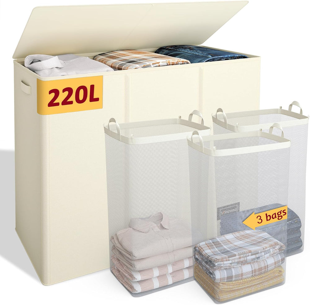220L Laundry Hamper 3 Section,Large Laundry Hamper with Lid,Dirty Clothes Ham...