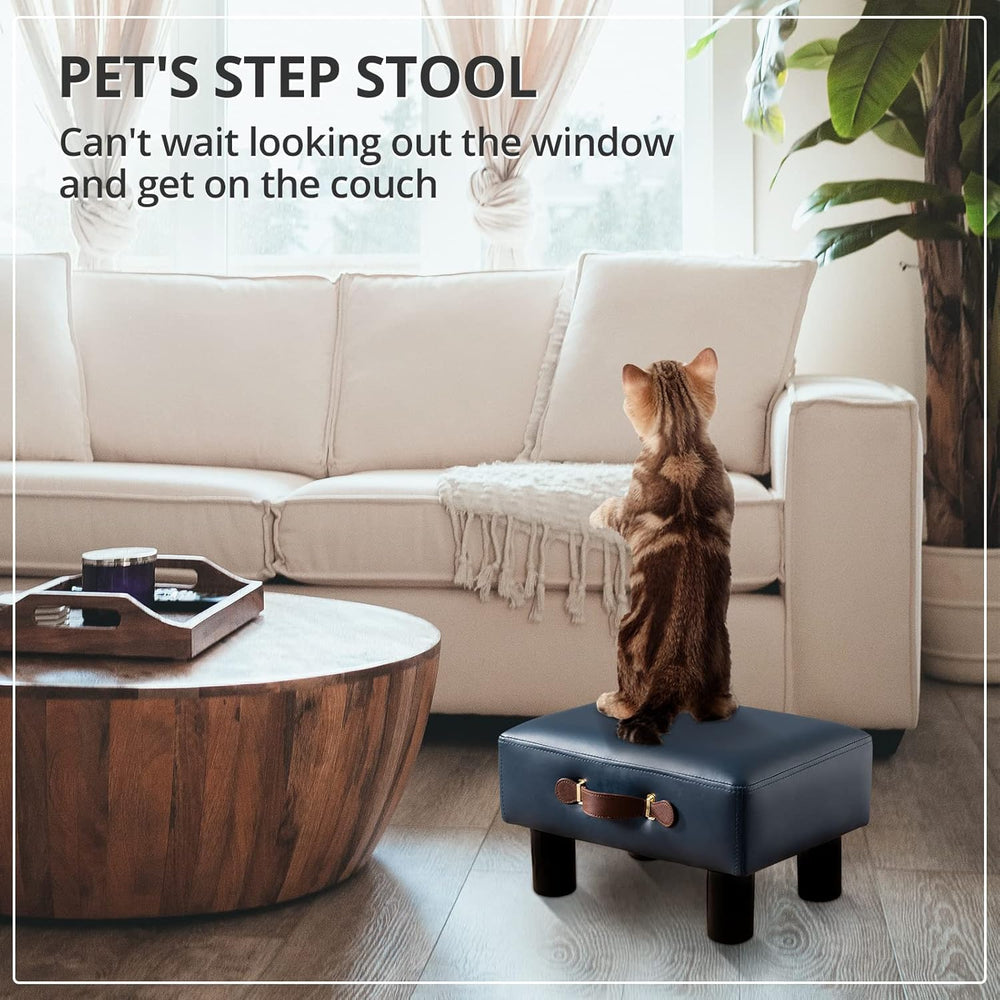Small Foot Stool with Handle, Blue PU Leather Short Foot Stool Rest, Rectangl...