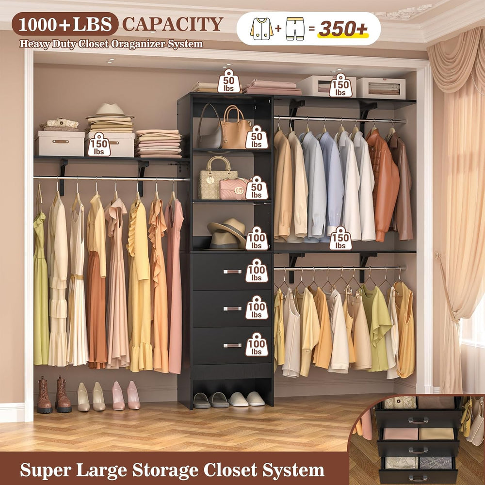 Armocity 96" Wood Closet System with 3 Enclosed Drawers & 3 Solid Sh...