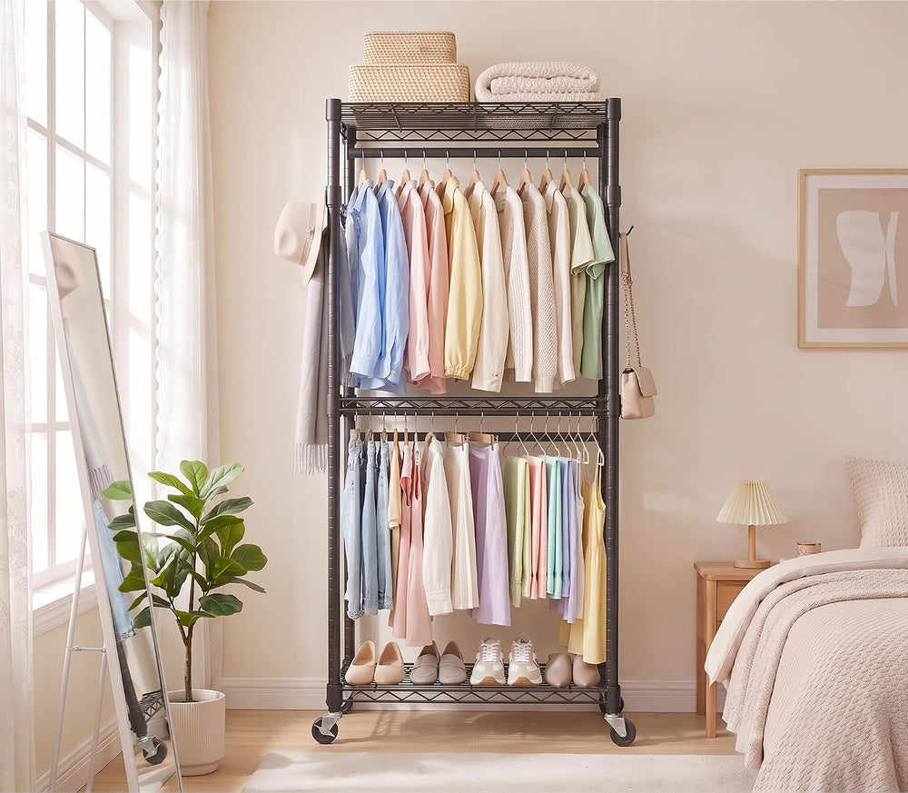 Duty Rolling Rack, 3-Tier Adjustable Clothes Rack with Double Rods, Black