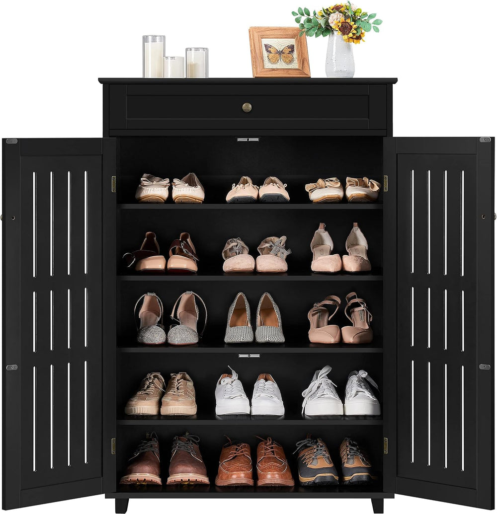 Topeakmart Shoe Rack Storage Cabinet with Louvered Door for Entryway Black