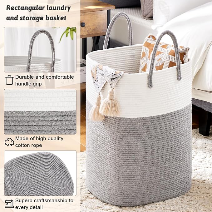 Laundry Basket, Woven Cotton Rope Laundry Hamper, Versatile Storage