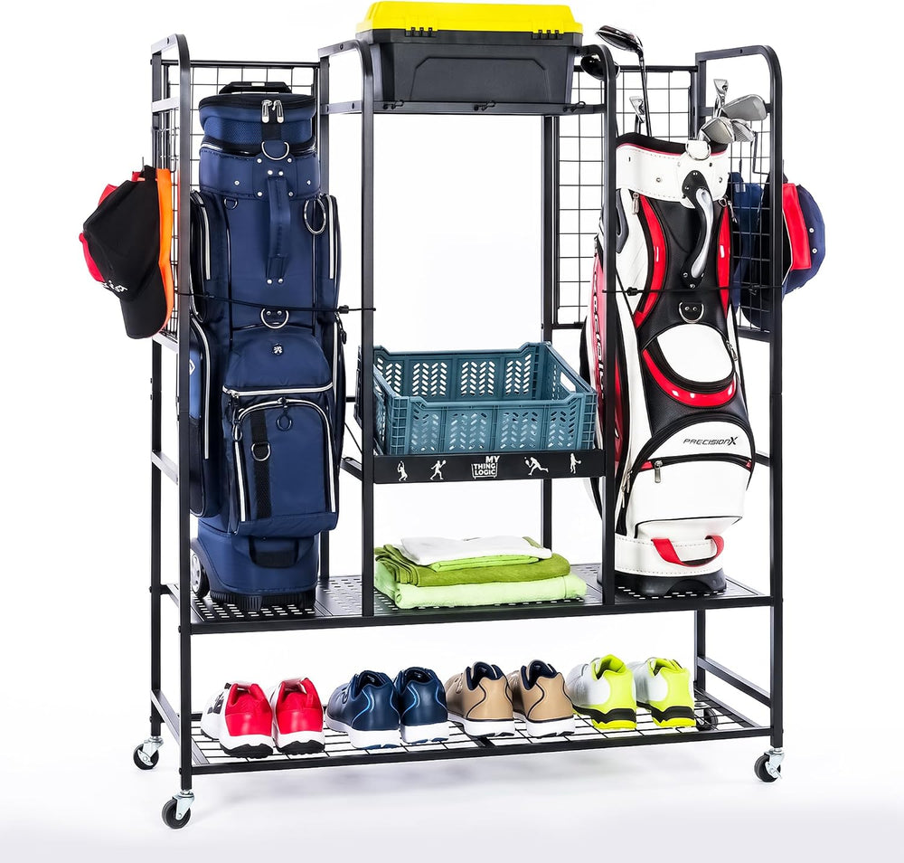 Mythinglogic Golf Bag Storage Rack with Wheels, 2 Golf Bag Garage Organizer