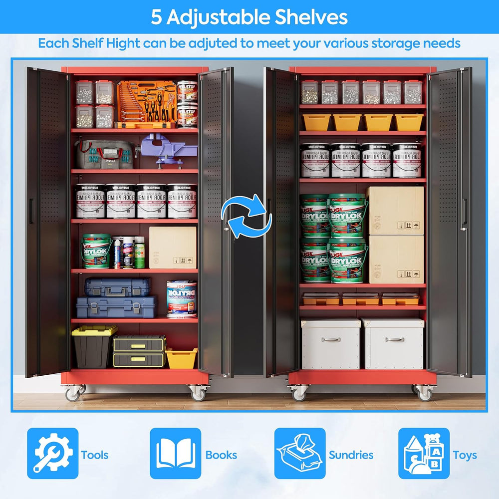 71"H Metal Garage Storage Cabinet,Tool Cabinet with Wheels,Pegboard