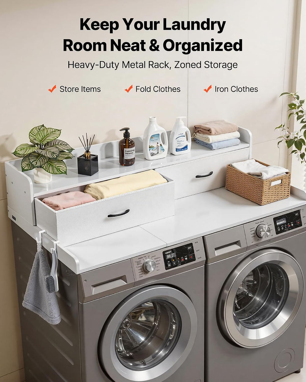 VEVOR 2 Drawers Washer Dryer Countertop with Shelf, 54" x 27" Woode...