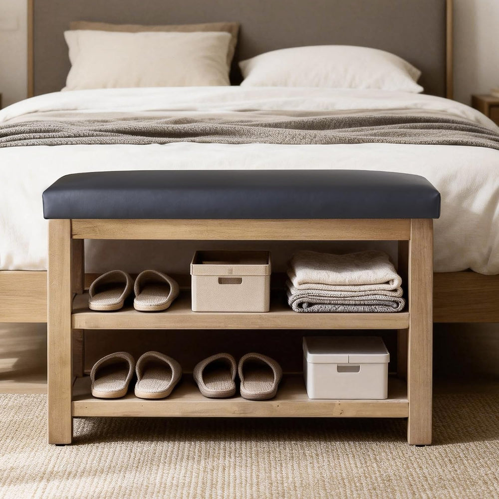 Zihanhome Shoe Rack Bench with Leather Cushion, 2 Tier Solid Wood Storage Ben...