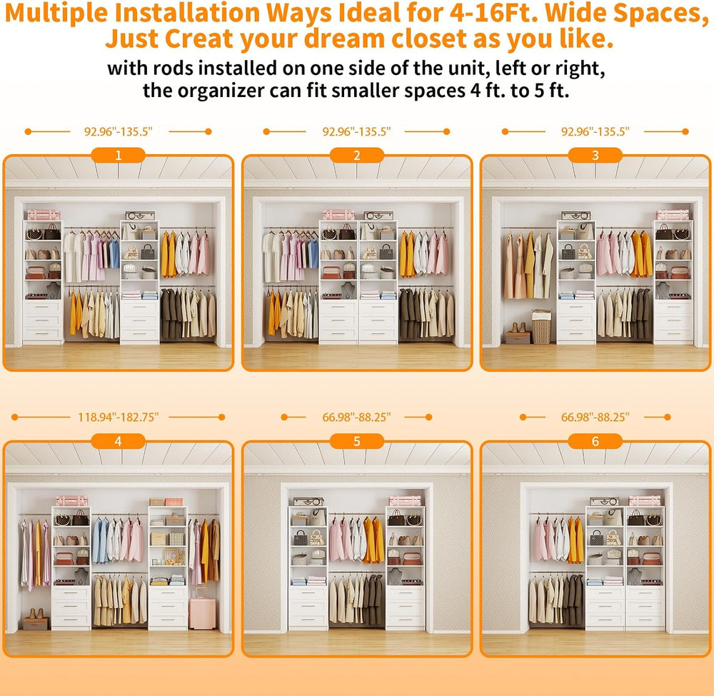 Closet System with 6 Drawers, 3.4FT-15FT Closet Organizer System with 8 Expan...