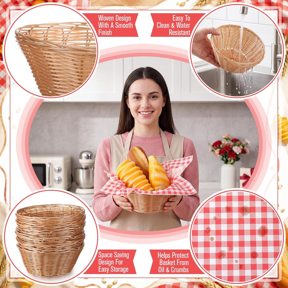 12 Pack Oval Wicker Bread Baskets with 100 Paper Liners, 7.1 x 7.1 x 3.1 in