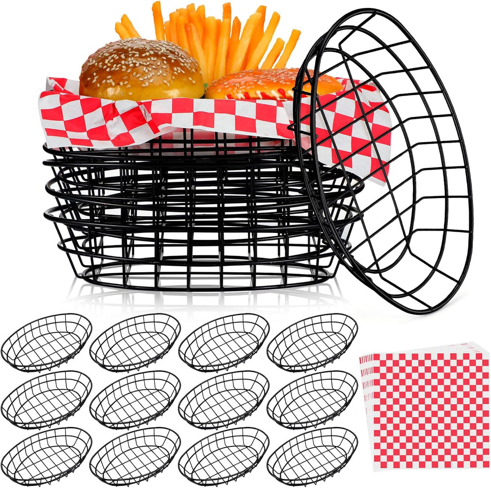 Hushee 12 Pcs Wire Fast Food Baskets Bulk, Bread Chip Basket, Black Oval
