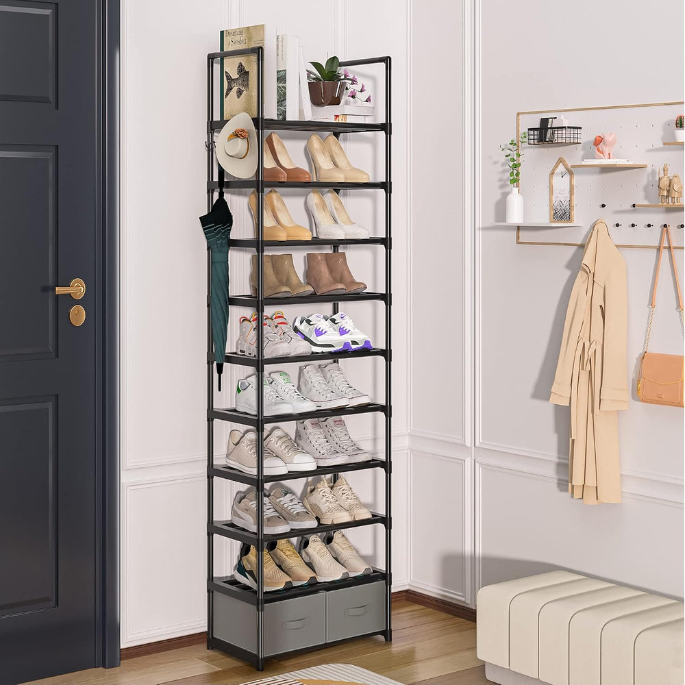 OYREL Tall Shoe Rack Narrow 10 Tier Shoes Rack 20 25 Pairs + 2 Boxes 1 Hook