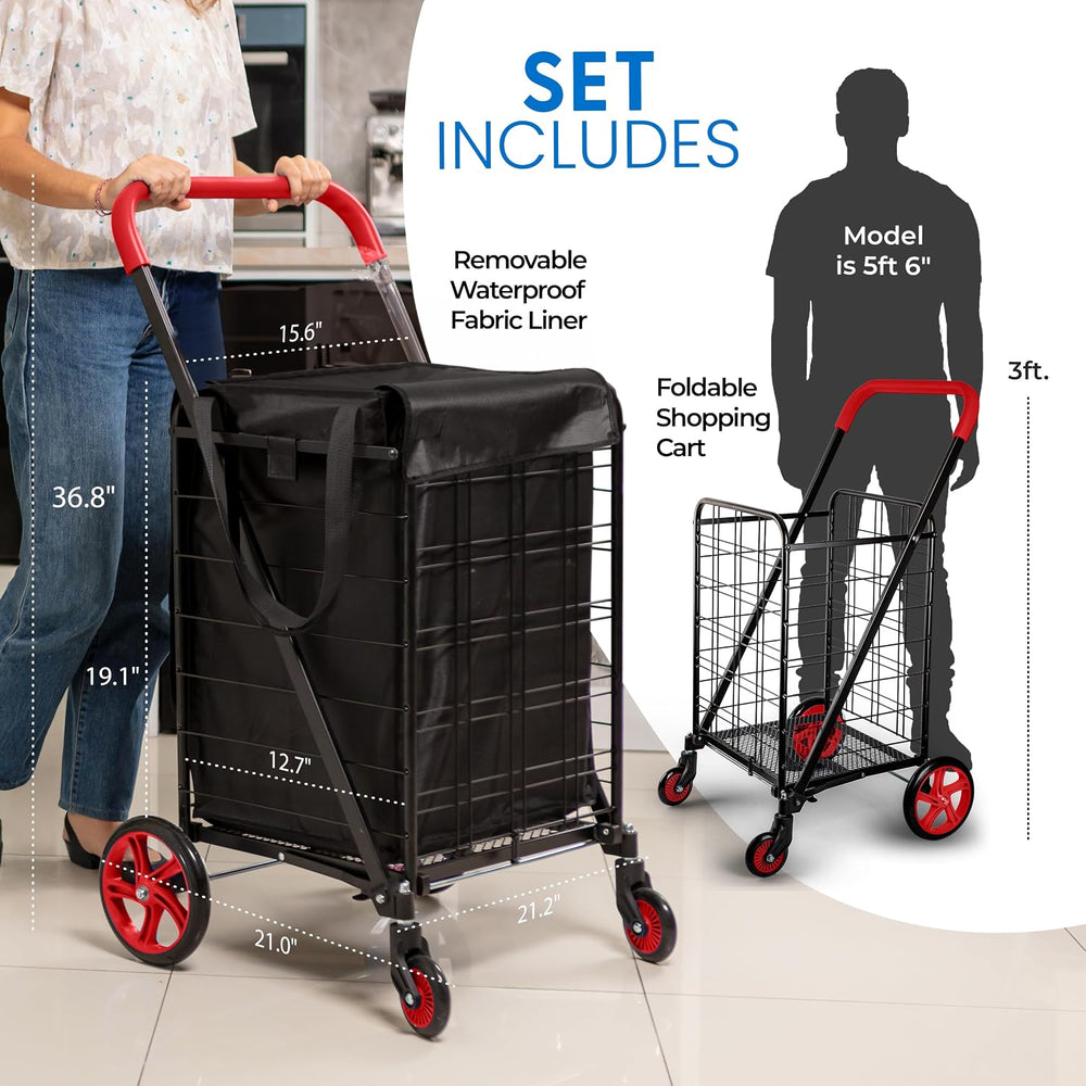 SereneLife Small Compact Folding Shopping Cart with Removable Waterproof Line...