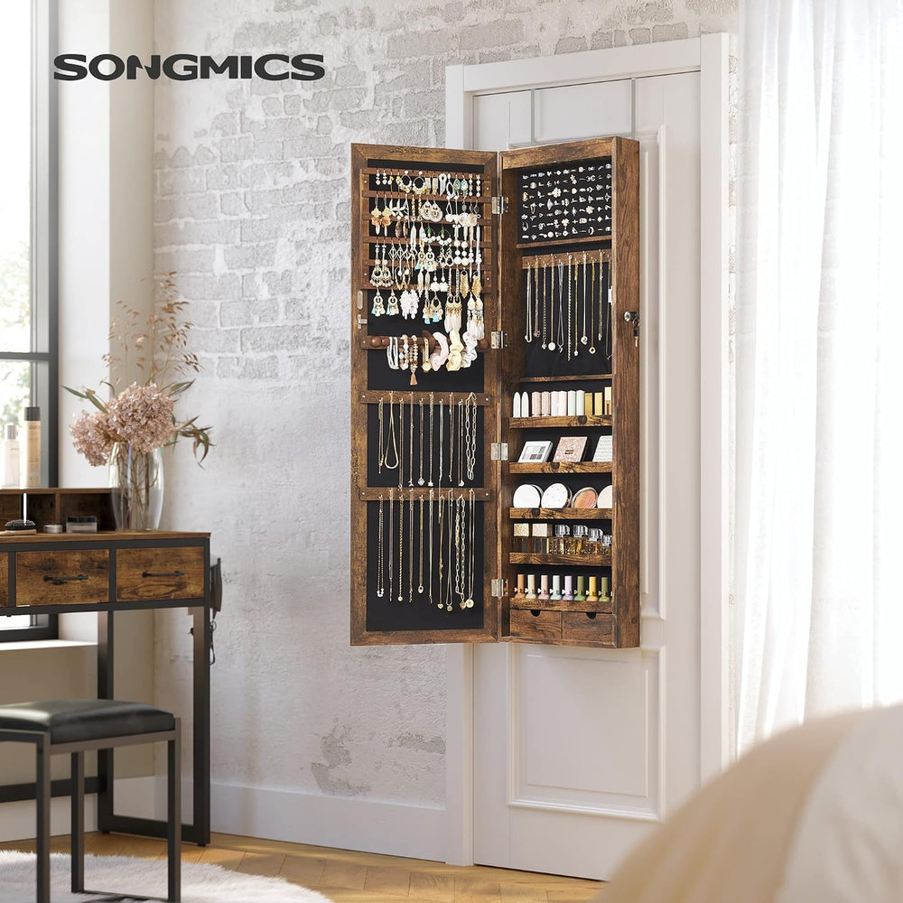 SONGMICS 6 LEDs Mirror Jewelry Cabinet, 47.2-Inch Tall, Lockable