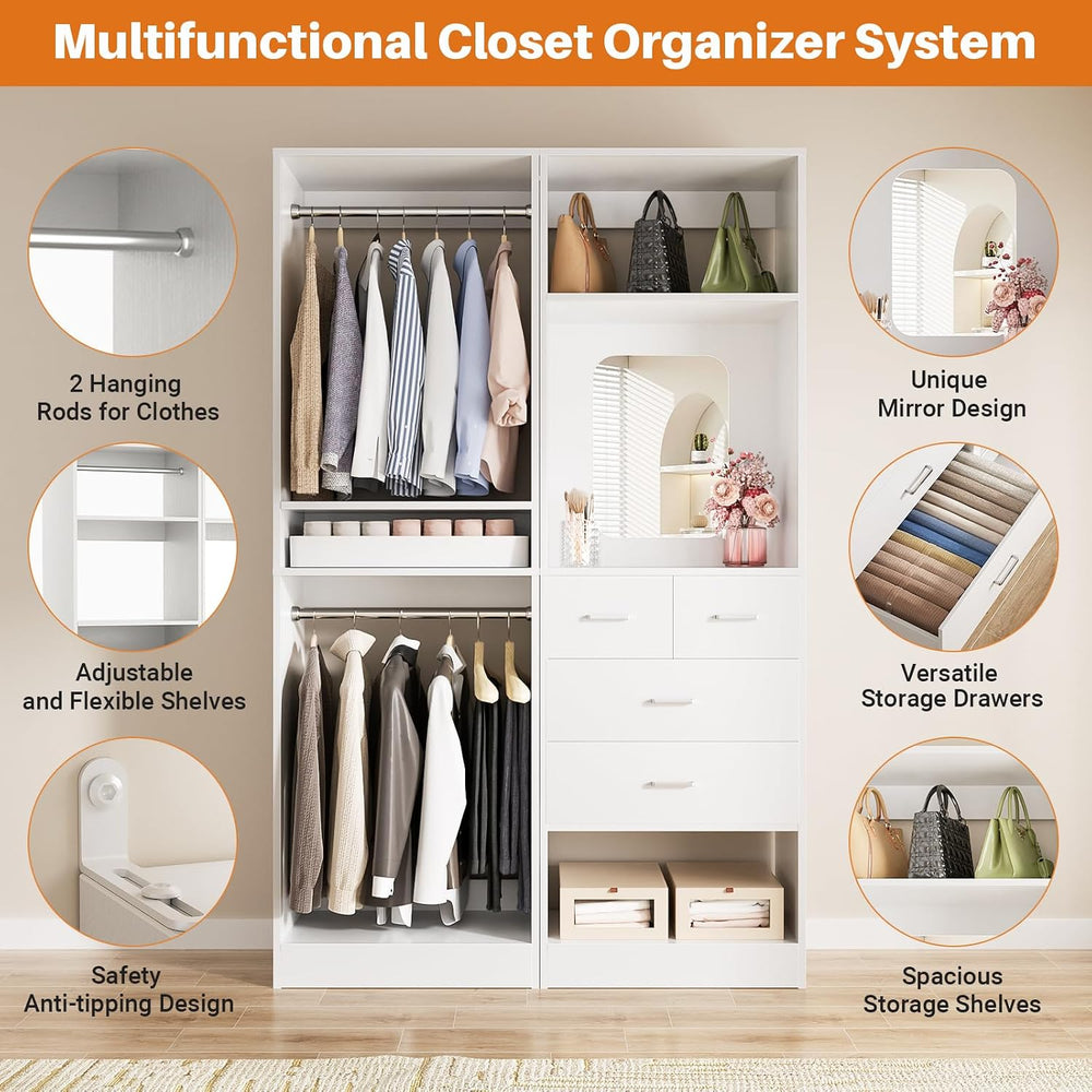 Unikito 50” Closet System with 4 Drawers, 4.2FT Wood Closet Organizer with Ha...