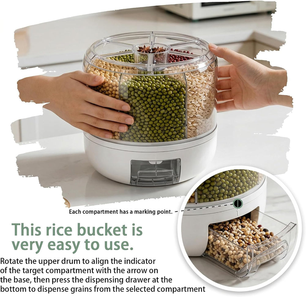 Rotating Grain Storage Bin 6 Grids Rice Container One-Click Output Large Capa...