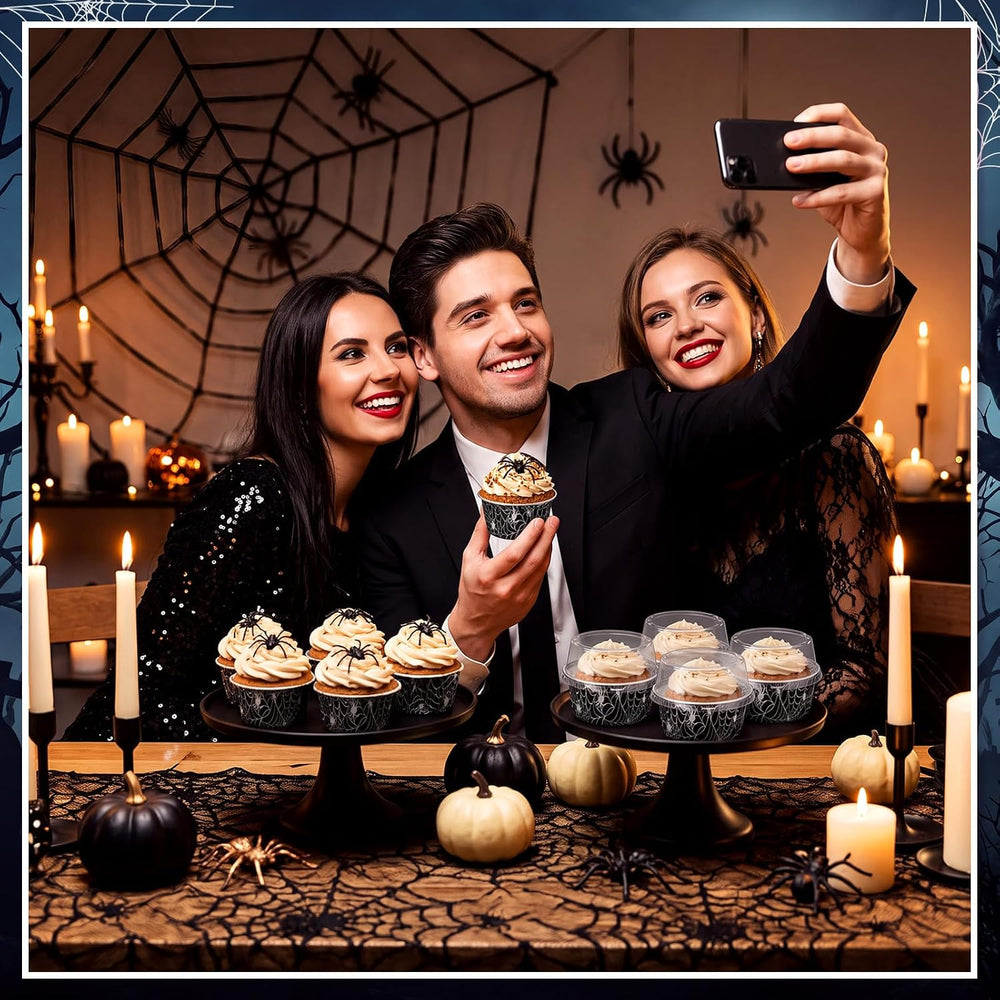 Potchen 200 Pcs Halloween Spiderweb Foil Cake Cup with Lid, 5 oz Baking Cup
