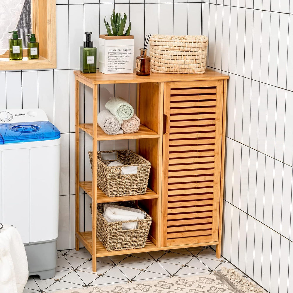 Tangkula Bamboo Bathroom Floor Cabinet, Storage Cabinet with Shutter Door and...