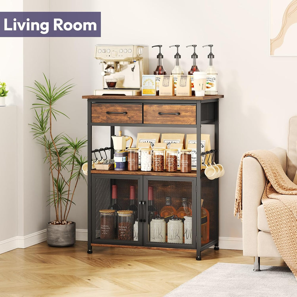 Coffee Bar Cabinet with Drawer - Coffee Stand Station with Removable Hooks, B...
