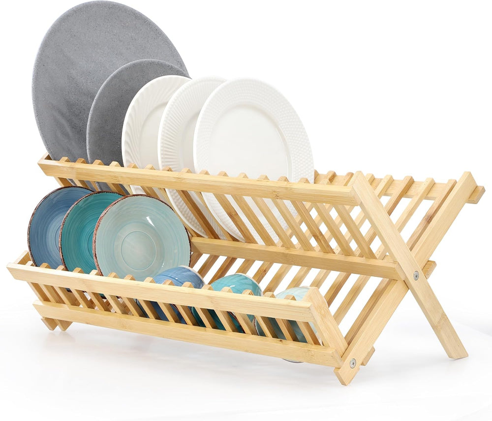 Elama 2-Tier Collapsible Kitchen Bamboo Drying Dish Rack, Collapsible Dish Ra...
