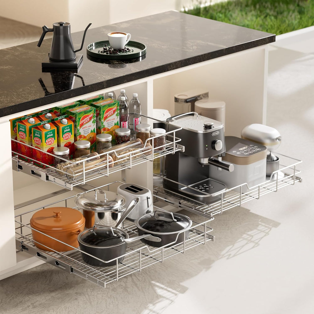 2 Tier Pull Out Cabinet Organizer 9" W X 22" D, Chromed, Full Slide...