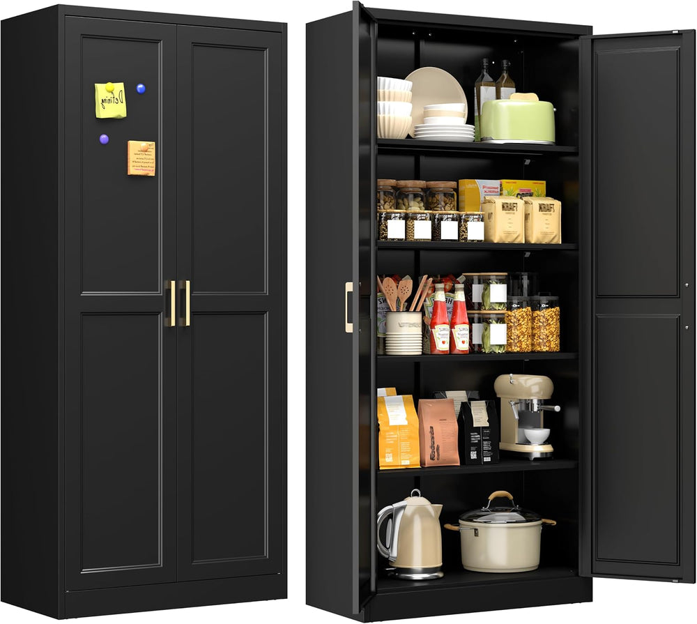 71" Black Metal Storage Cabinet with Doors, Heavy Duty