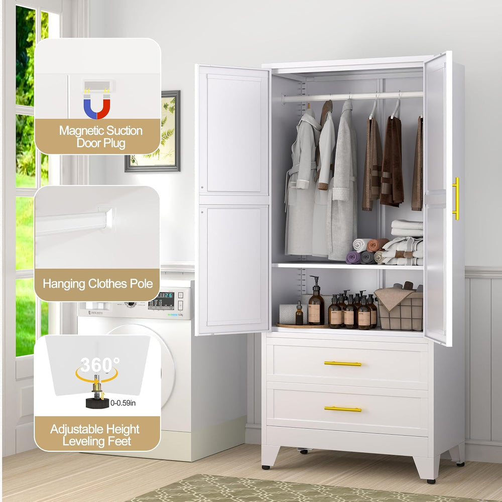 Metal Wardrobe Cabinet with Hanging Rod, Clothing Storage Cabinets
