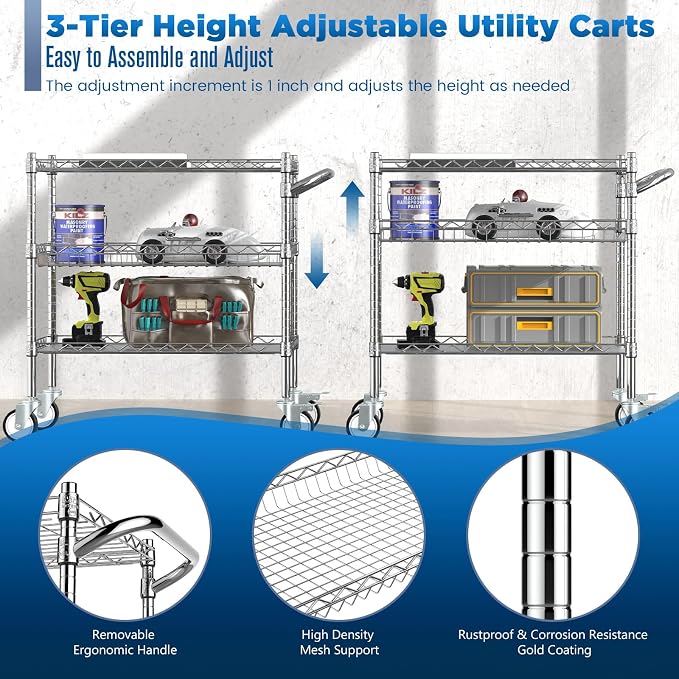 Leteuke Heavy Duty 3 Tier Rolling Utility Cart, NSF Certified 990Lbs Capacity