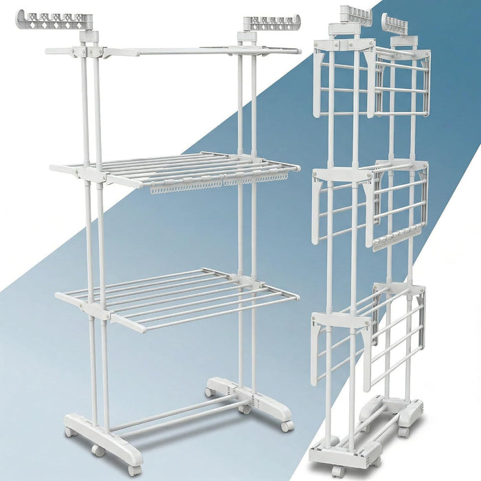 PORTENTUM Clothes airer drying rack with 4 tiers and 24 drying bars – Up to 40 kg – Horse-style dryer with 2 sock holders and 2 side wings for hangers – Swivel wheels with brake