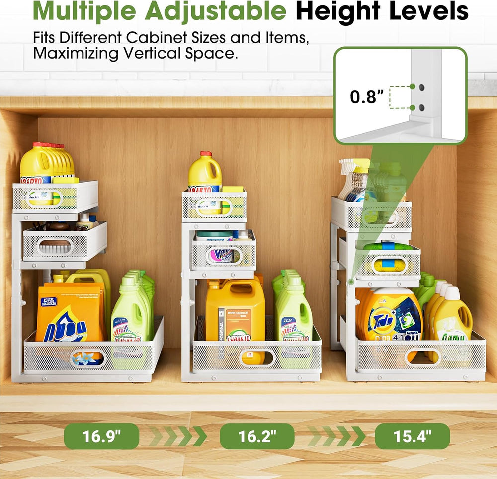 Under Sink Organizer 3 Tier, 2 Pack L-Shaped Pull-Out Cabinet Organizer with ...