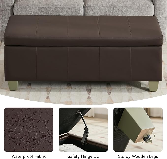 51" Faux Leather Storage Ottoman, Stitch Tufted Rectangle Upholstered En...
