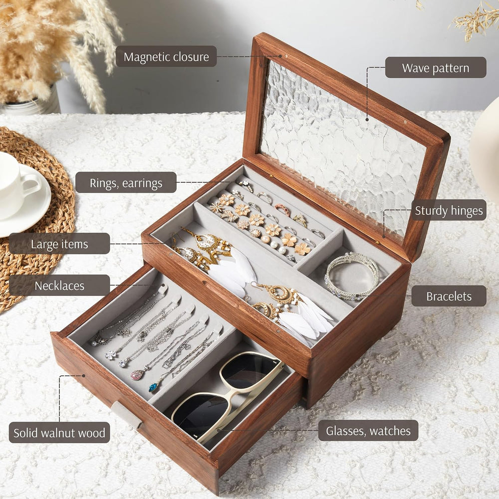 Wooden Jewelry Box, 2-Layer Organizer with Drawer, ek06-b-walnut